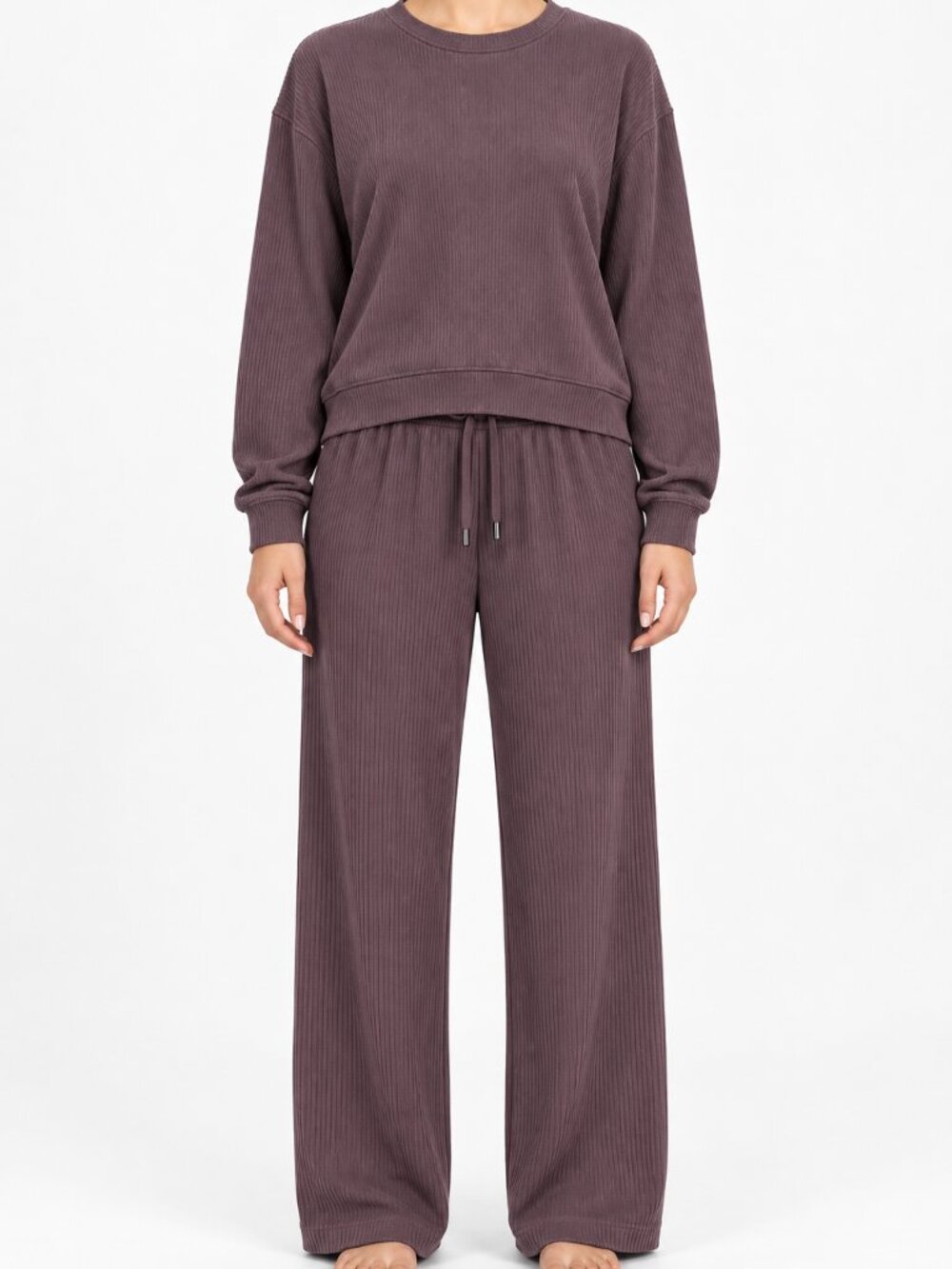 Gray Ribbed 2 Piece Lounge Set Long Sleeve Top Wide Leg Drawstring Pants